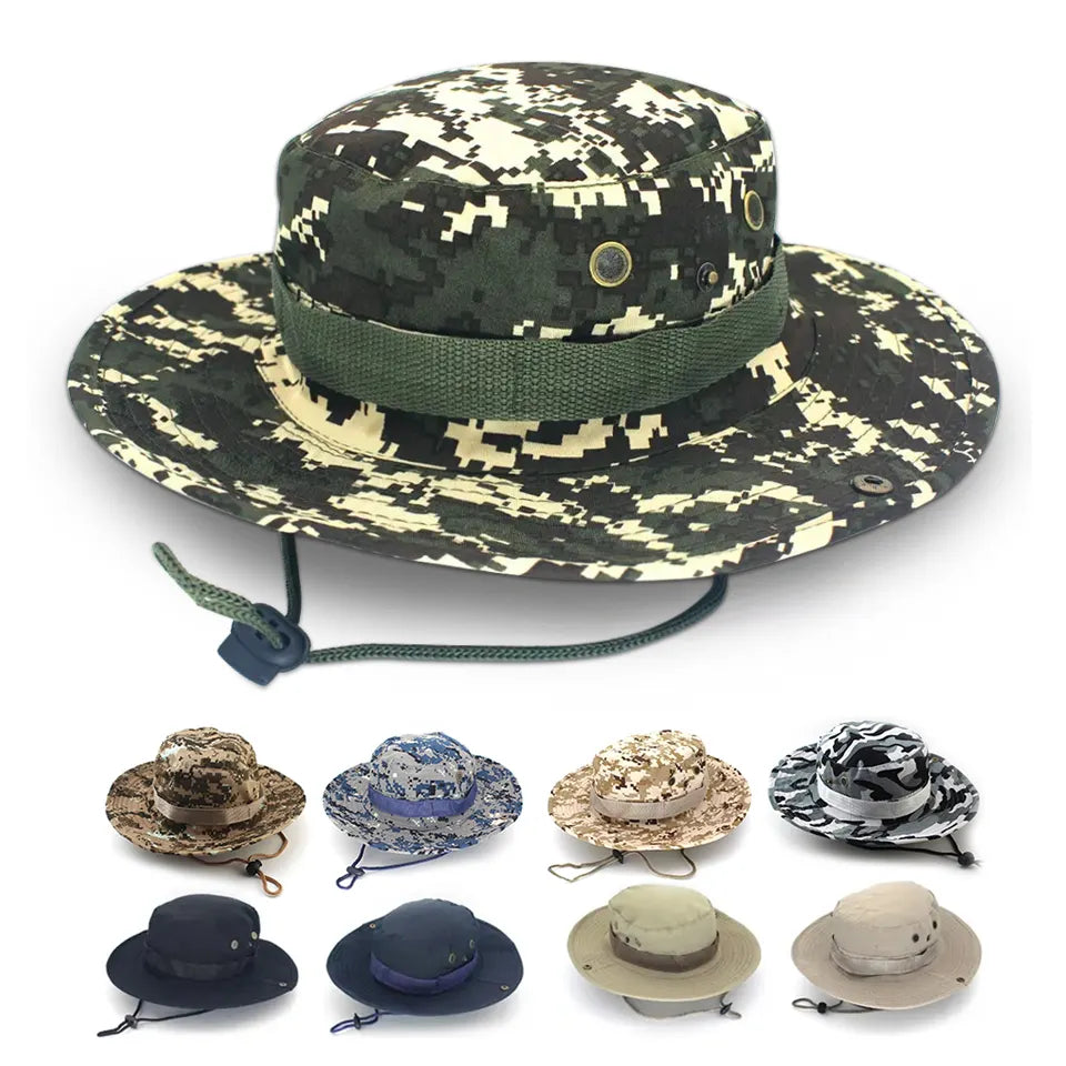 Safari Camping Camo Fisherman Bucket Hat With String