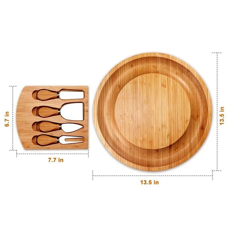 Bamboo Cheese Board and Knife Set With Hidden Slide Drawers