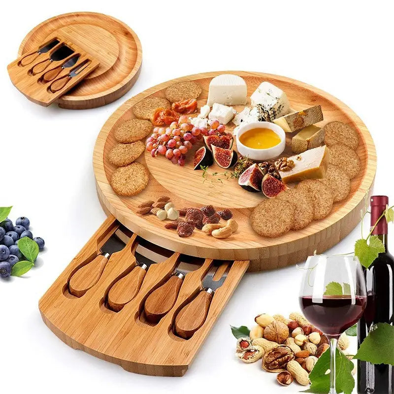 Bamboo Cheese Board and Knife Set With Hidden Slide Drawers